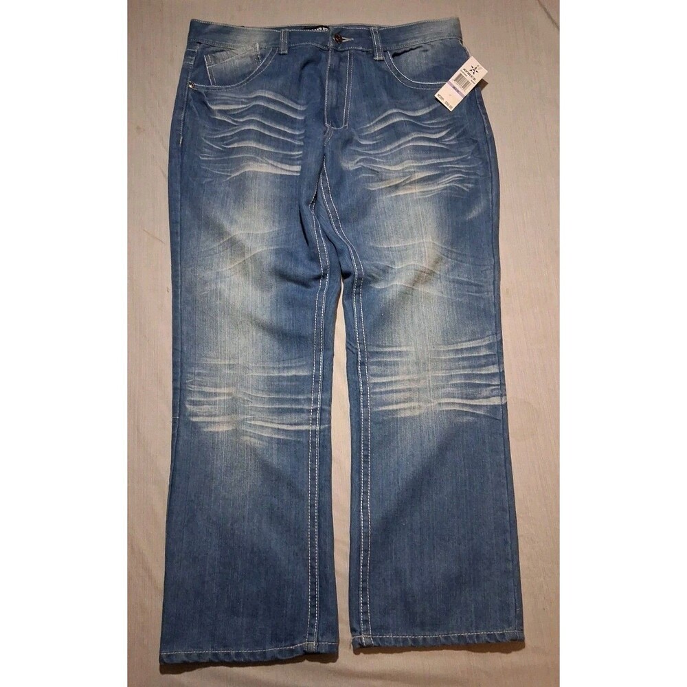 Vntg Avirex Jeans Mens Sz 38x32 Whiskering Straight Leg Embroidered Hip Hop Y2K - Picture 2 of 6